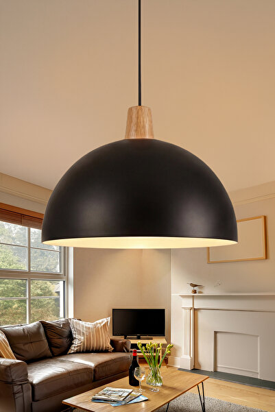 Marrien Luna Bohem Ahşap Siyah Metal Sarkıt (30 cm) Yemek Masası Üstü Avize M...