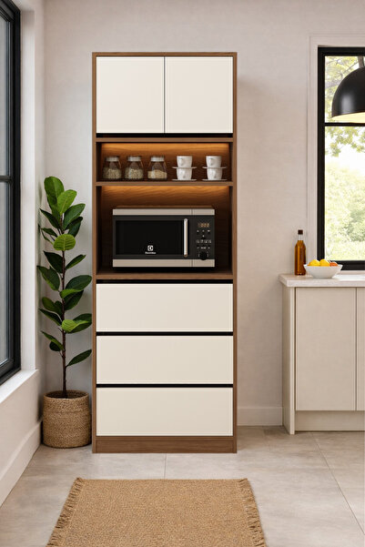 Avmpark Brave Çekmeceli Modül Fırın Raflı Led Işıklı Çok Amaçlı Dolap Ceviz