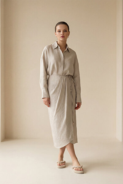 Setre Beige waist tie and fabric detailed skirt