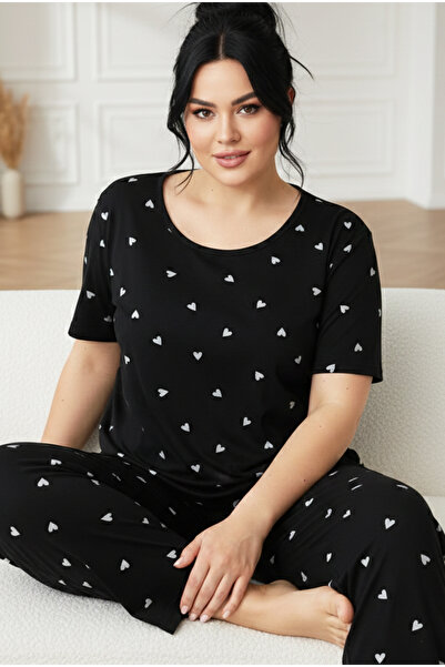 Siyah İnci Set de pijamale din bumbac, cu mâneci scurte, model oversized cu i...