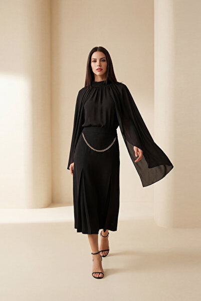 Setre Black Pleated Midi Skirt with Waist Chain Detail