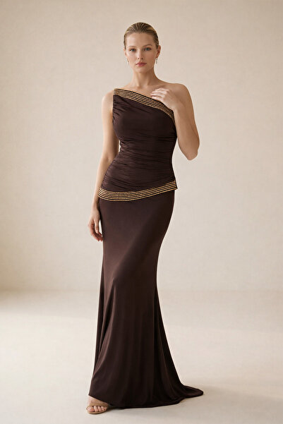 Setre Brown Strapless Stone and Drape Detailed Full-Fit Long Evening Dress