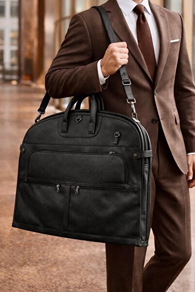 CANARİS Deri Takım Elbise Çantası Askılı Seyahat ve Taşıma Kolaylığı Siyah Renk