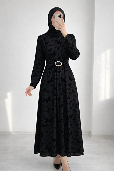 MİHRA STORE Hayal Önü Tokalı Kelebek Desen Elbise-EK749.3 Siyah