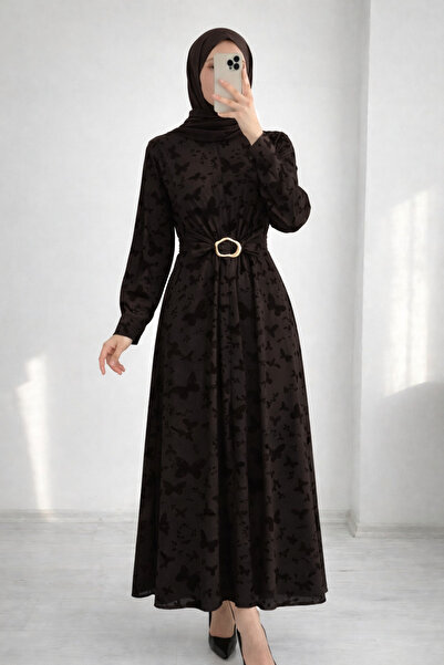 MİHRA STORE Φόρεμα με πόρπη μπροστά και σχέδιο πεταλούδας - EK749.3 Καφέ