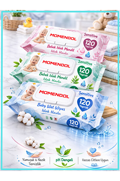 momendol Hassas Bebek Islak Mendil 120 Yaprak 12’li Ekonomik Set –Saf Su Bazlı, Parfümsüz & Parabensiz