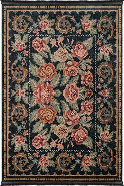 Cool Halı Vintage 02 Siyah Antik Desen Makinede Yıkanabilir Halı Kaymaz Dijit...