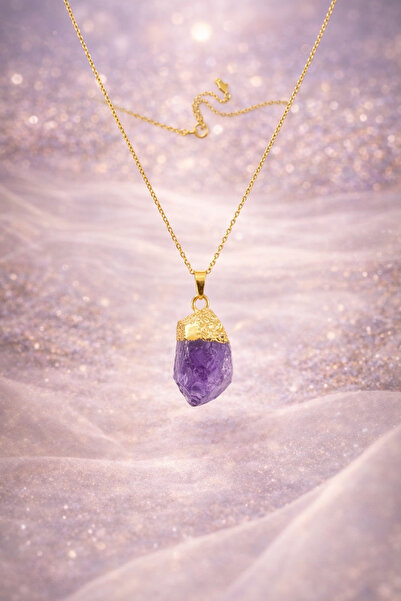 PORSE Ametist Doğal Taşlı Ham İşlenmemiş Çelik Zincirli Kolye Stres ve Kaygıy...