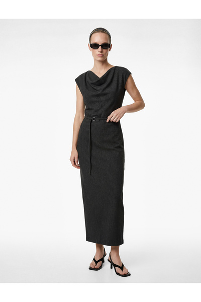 Koton Slim Fit Shimmering Sleeveless Belted Drape Collar Midi Dress