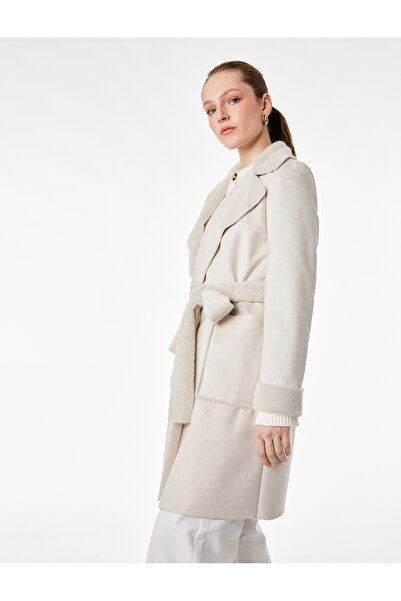 Koton Long Sleeve Belted Collar Faux Fur Bonded Coat with Pockets