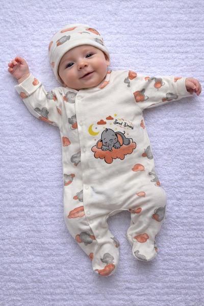 MBK GARDEN Bulut ve Fil Desenli Pastel Renkli Şapka Aksesuarlı Bebek Tulum Set