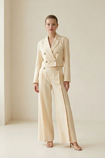 Setre Tereyağ Sarısı Kruvaze Kapama Düğme Detaylı Mini Ceket