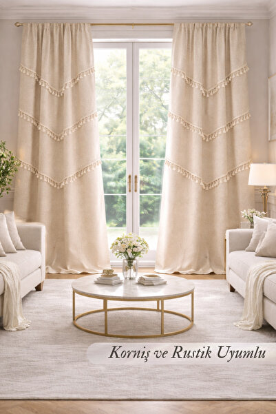 perde plus Linen Bohemian Style 3 Row Tassel Design Background Curtain