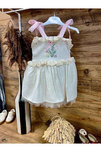 BİLGEN Style Girl's Linen Floral Embroidered Bowknot Holiday Dress
