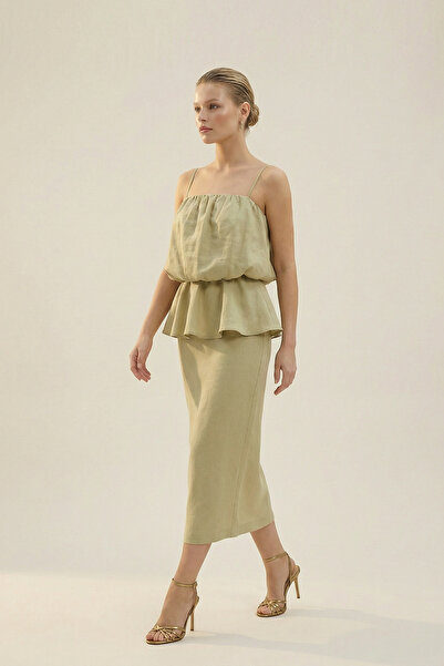 Setre Oil Green Gathered Detailed Thin Strap Waist-Fitted Midi Dress