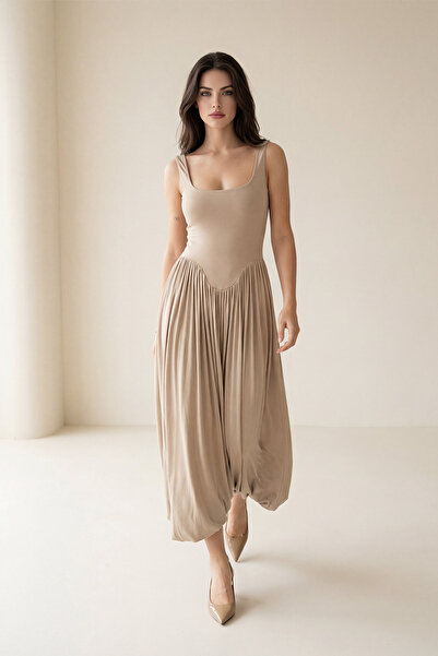 Setre Midi Length Dress with Stone Straps, Waist and Skirt Details