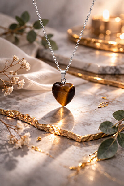 PORSE Tiger's Eye Heart Shaped Natural Stone Necklace with Steel Chain