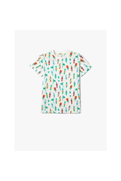 Koton Μπλουζάκι για αγόρια με στάμπα σερφ, κοντομάνικο, βαμβακερό με λαιμόκοψη