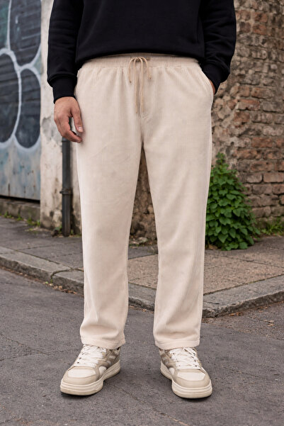 İLKCET MODA Velvet Beige Men's Oversize Thick Trousers