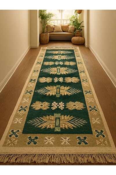 OEM Covor tradițional, dimensiune 100 x 300 cm, verde și crem, model ROMB