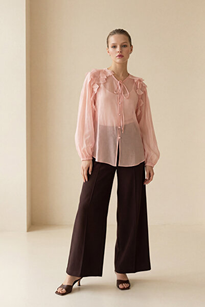Setre Satin Textured Blouse with Powder Tie Detail and Shoulder Ruffles