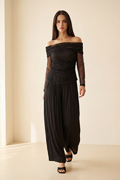 Setre Black Transparent Asymmetric Collar Long Sleeve Blouse