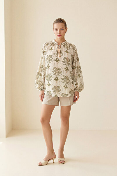 Setre Μπλούζα με κρεμ μοτίβο, λεπτομέρεια δεσίματος, μακρυμάνικη, άνετη εφαρμογή