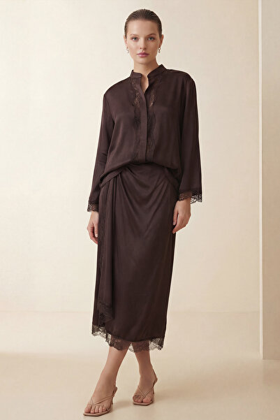 Setre Chocolate Lace Detailed Long Sleeve Relaxed Fit Blouse