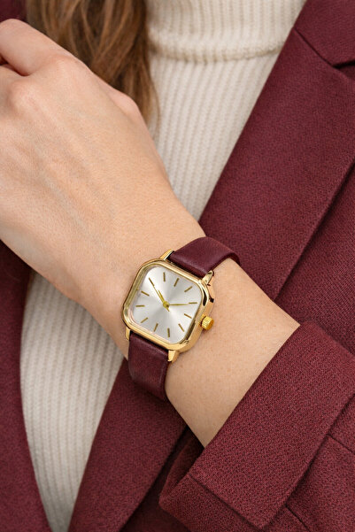 sonsuzsaat Bordo Renk Deri Kordonlu Altın Renk Kasa Kadın Şık Klasik Analog Z...