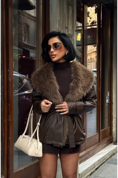 MEECY New Season Women's Leather Coat Fur Collar Coat Leather Fur Collar Leat...