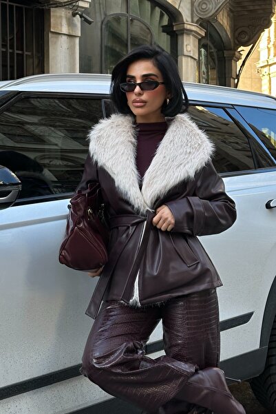 MEECY Women's White Fur Collar Bitter Brown Leather Coat Jacket