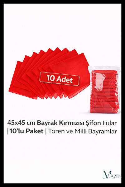 MAZEN Bayrak Kırmızısı 45x45 cm Şifon Fular | 10’lu Tören Paketi Çok Amaçlı
