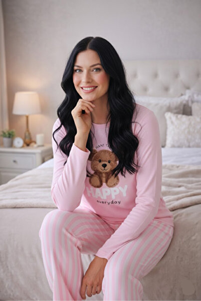 Suave Kadın Bambu Kumaş Pijama Takımı – Uzun Kollu, Lastikli Bel - Çizgili Al...