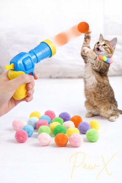PawX Kedi Oyun Tabancası Peluş Top Fırlatan Interaktif Oyuncak Eğlenceli Kedi...