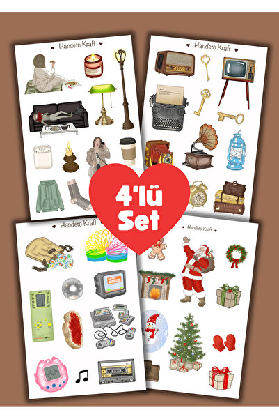 Handeto Kraft Vintage Çoklu Sticker Seti, 4lü sticker, Noel sticker,  8x12 cm...
