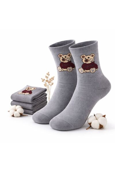İpeksi Gray Teddy Bear Patterned Seamless Cotton Combed Tennis College Socks