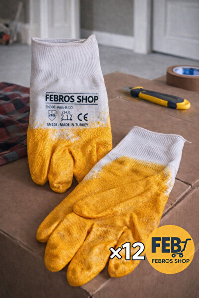 Febros İş Eldiveni 12 Çift Sarı Nitril Kaplı Kaymaz Dayanıklı Çalışma Eldiven...
