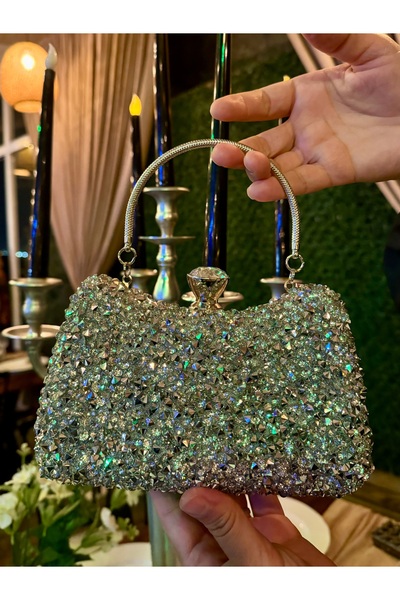 çantamgelsin حقيبة فستان سهرة نسائية من الكريستال الفضي بحجر كبير حقيبة للمنا...