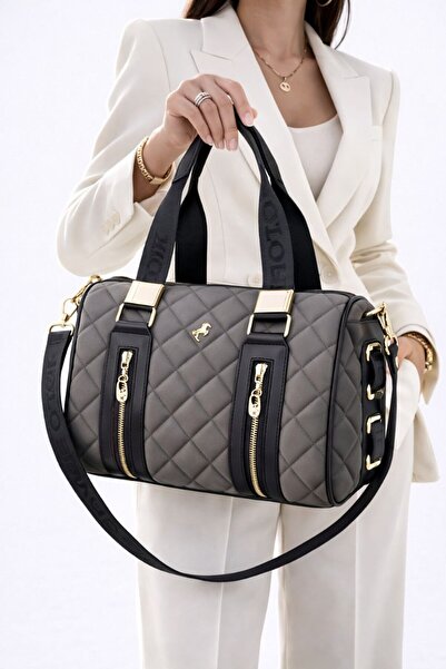 ÇANTAM GELSİN Women's Gray Quilted Oversized Hand and Shoulder Bag