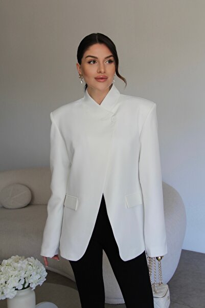 Julidress White Single Button Detailed Notched Collar Premium Design Blazer J...