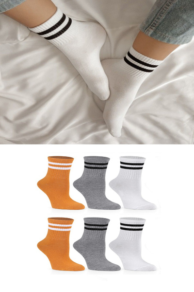 Ozzy Socks 6 Çift Çizgili Kolej Çorabı Sarı Gri Beyaz Pamuklu Tenis Çorabı Seti