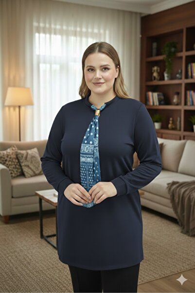 elma abone Plus Size Women's Oy Şo Combed Cotton Tunic Blouse with Tie