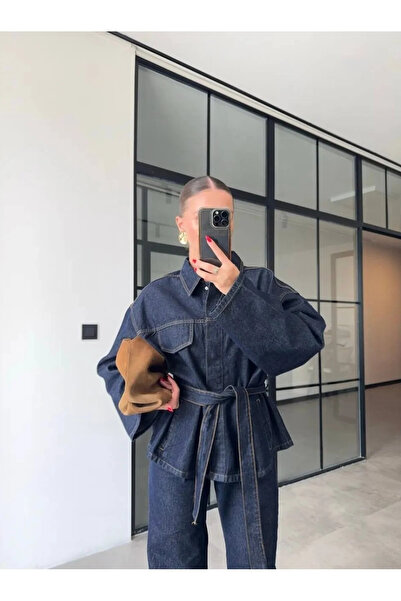 Perryes Kadın Premium Kalite Bağlamalı Denim Takım Oversize Ceket ve Pantolon