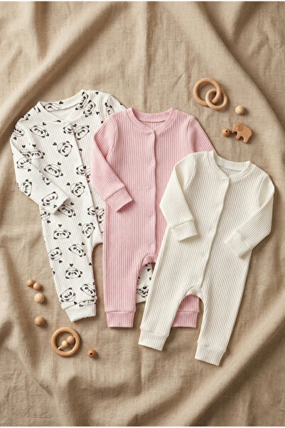 Noone Panda Desenli ve Fitilli 3'lü Bebek Tulum Seti - Pamuklu Uzun Kollu Çıt...