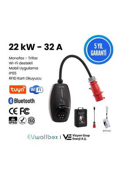 EVwallbox 22KW V3 Türkçe Mobil Uygulama 5 Yıl Garanti Taşınabilir Elektrikli ...