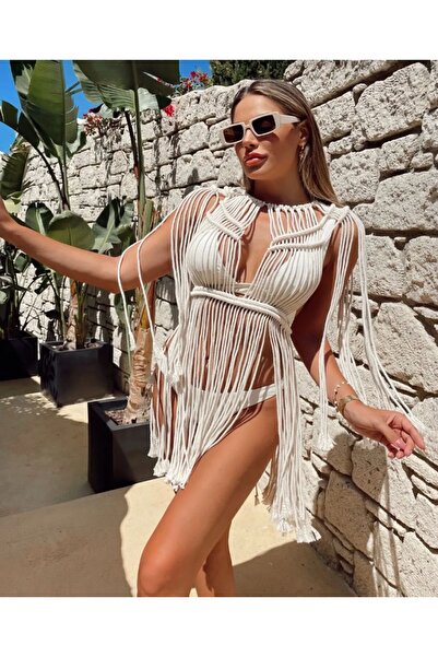 Hayal Makrome Rochie de plajă și festival pentru femei ecru macrame
