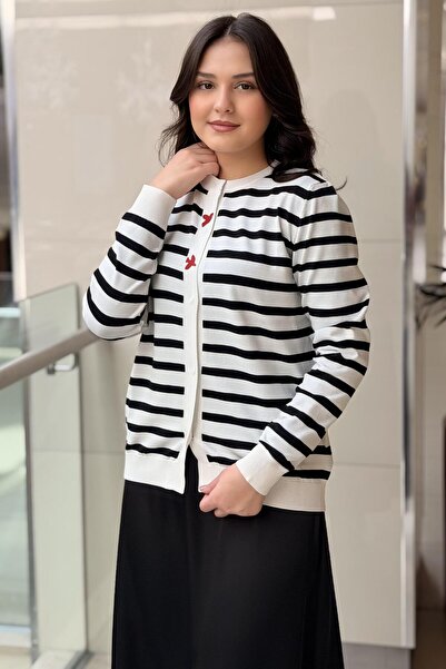 Ghisa Yatay Çizgili Önden Çıtçıtlı Merserize Hırka