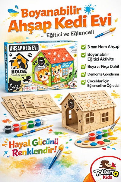 TOTTERİQ Ahşap Kedi Evi okul kreş anaokulu etkinlik (Demonte-Boyanabilir)