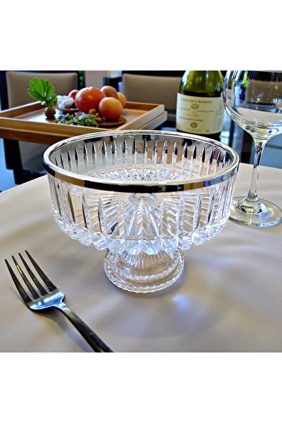 AYZ HOME Pirinç Metal Ağızlı 25 cm Ayaklı Kesme Kristal Cam Salata /Sunum Kas...