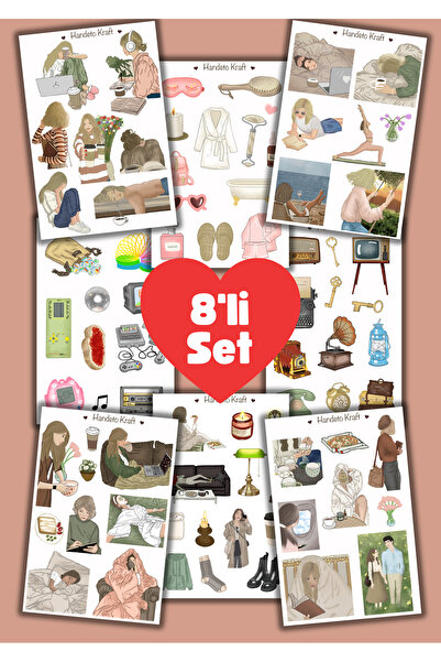 Handeto Kraft Mod ve vintage çoklu Sticker, 8li sticker, 8x12 cm, çıkartma, b...